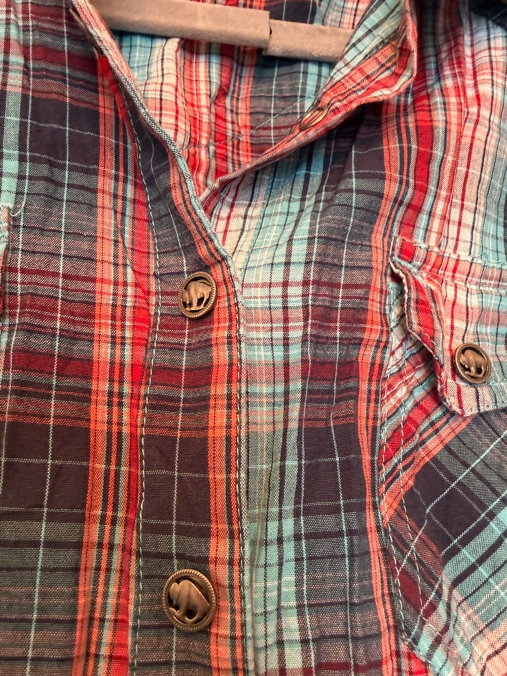 Ariat Red Navy Teal Plaid Button-Down Western Shirt - Picture 5 of 7